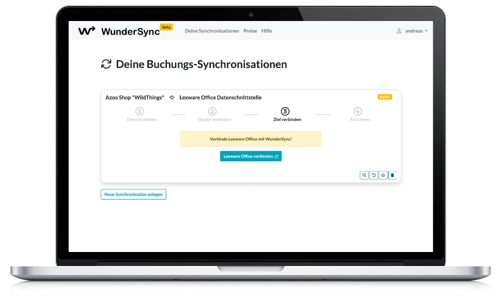 Screenshot: WunderSync mit Buchhaltungs-Lösung (Lexware Office) verbinden