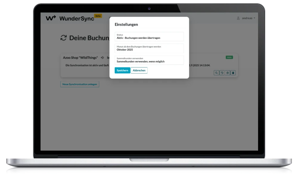 Screenshot: WunderSync Verbindung zwischen Online-Shop und Buchhaltungs-Lösung konfigurieren