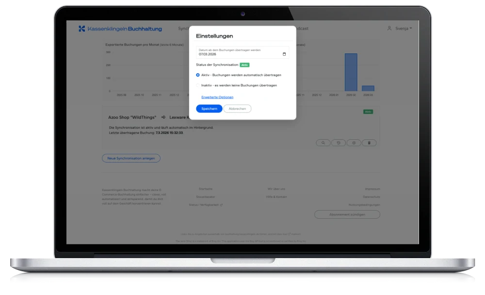 Screenshot: Kassenklingeln Buchhaltung Verbindung zwischen Online-Shop und Buchhaltungs-Lösung konfigurieren