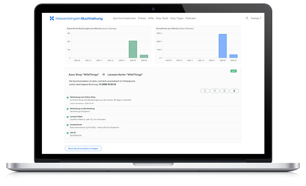Screenshot: Kassenklingeln Buchhaltung Dashboard mit Übersicht der synchronisierten Buchungen