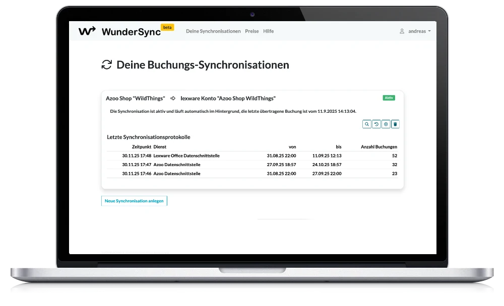 Screenshot: WunderSync Dashboard mit Übersicht der synchronisierten Buchungen
